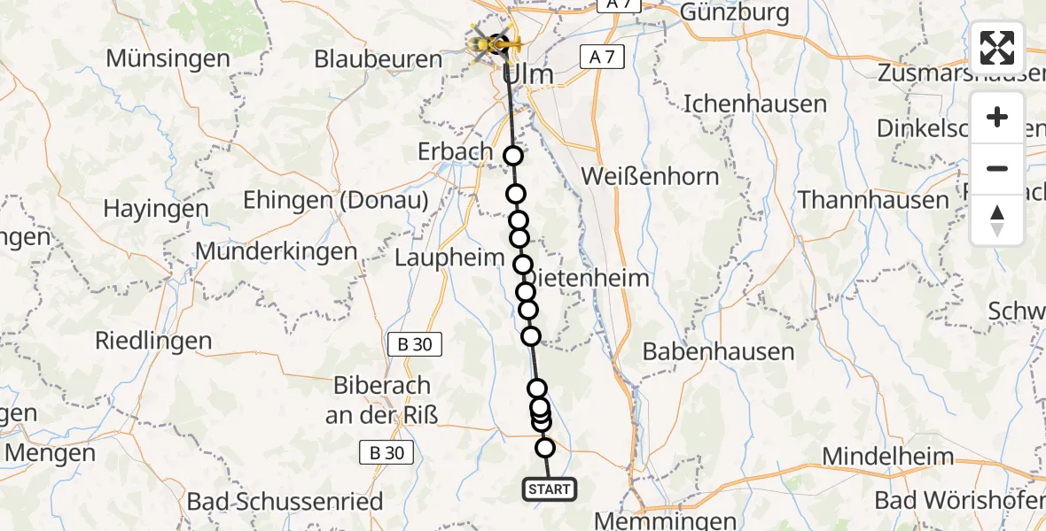 Flugroute Rettungshubschrauber Rot an der Rot - Ulm Military Hospital Emergency, 06 Juli 2026, 18:59