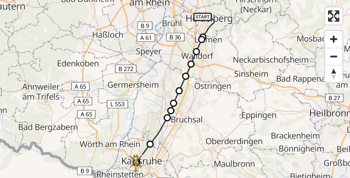 Flugroute Ambulanzhubschrauber Heidelberg - Sankt Vincentius Hospital, 06 Juli 2026, 19:05