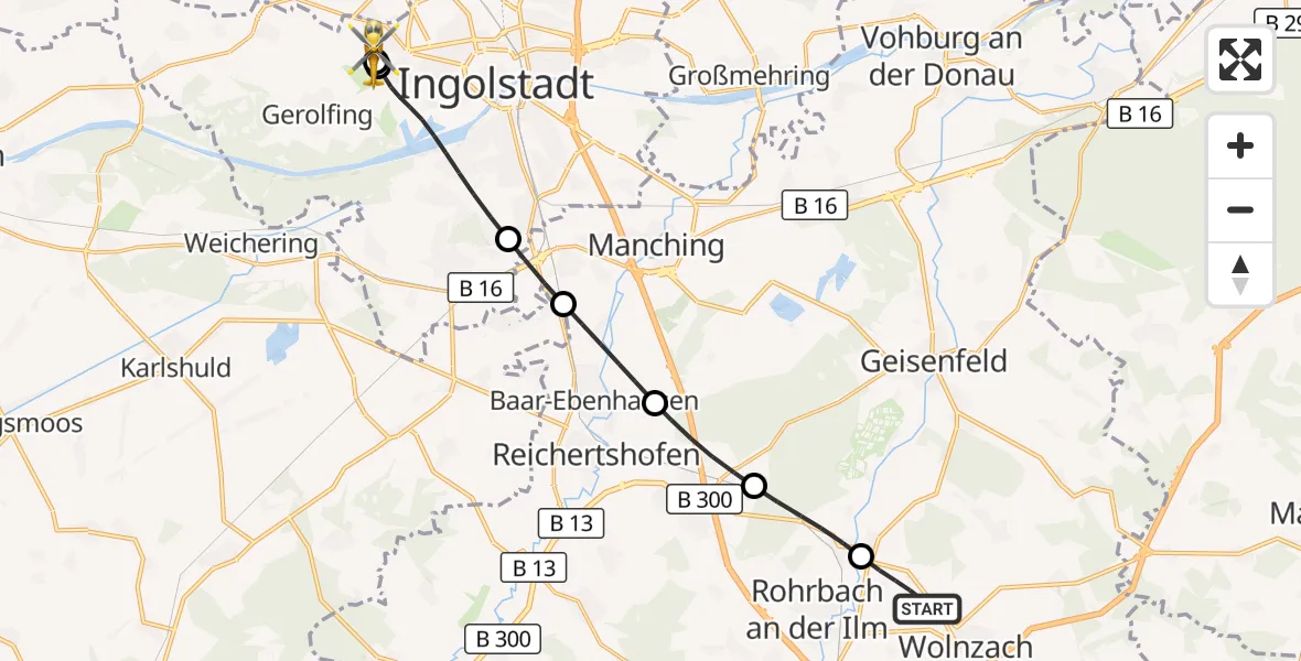 Flugroute Rettungshubschrauber Wolnzach - Ingolstadt Hospital, 06 Juli 2026, 19:06