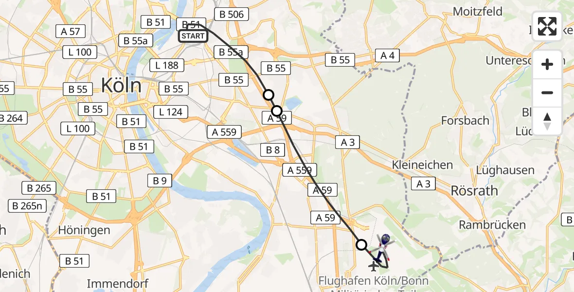 Flugroute Polizeihubschrauber Köln - Köln Bonn Flughafen, 06 Juli 2026, 19:07