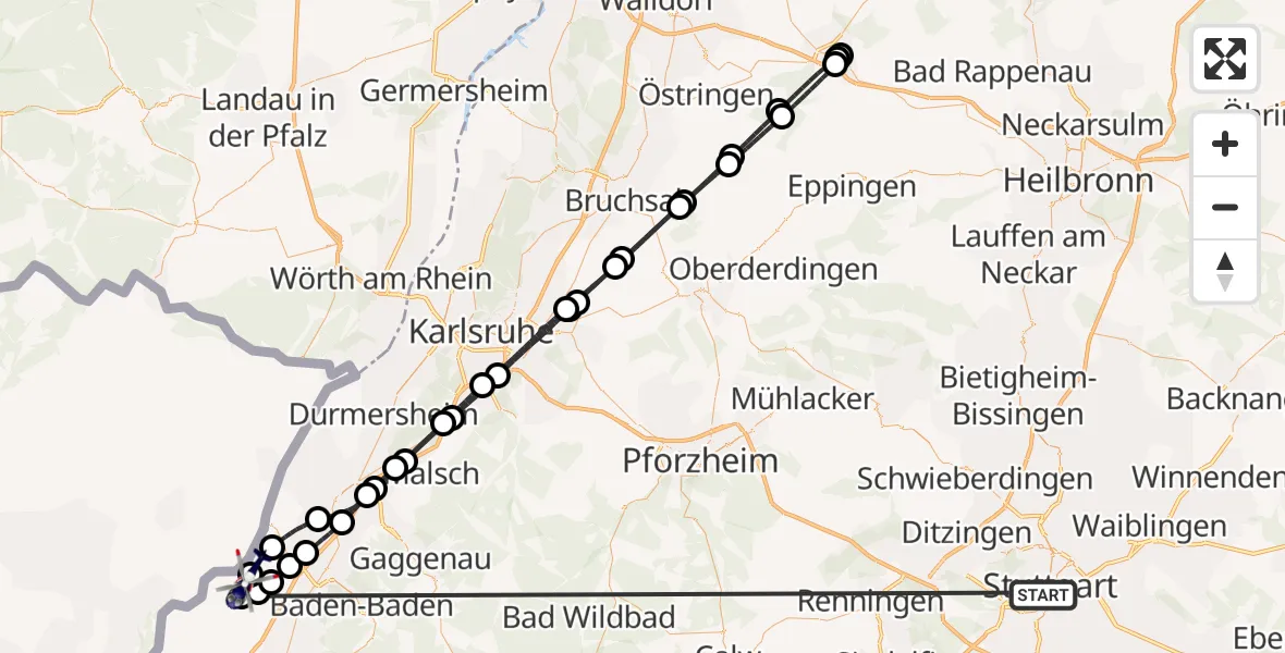 Flugroute Polizeihubschrauber Stuttgart - Karlsruhe Baden-Baden Flughafen, 06 Juli 2026, 19:10