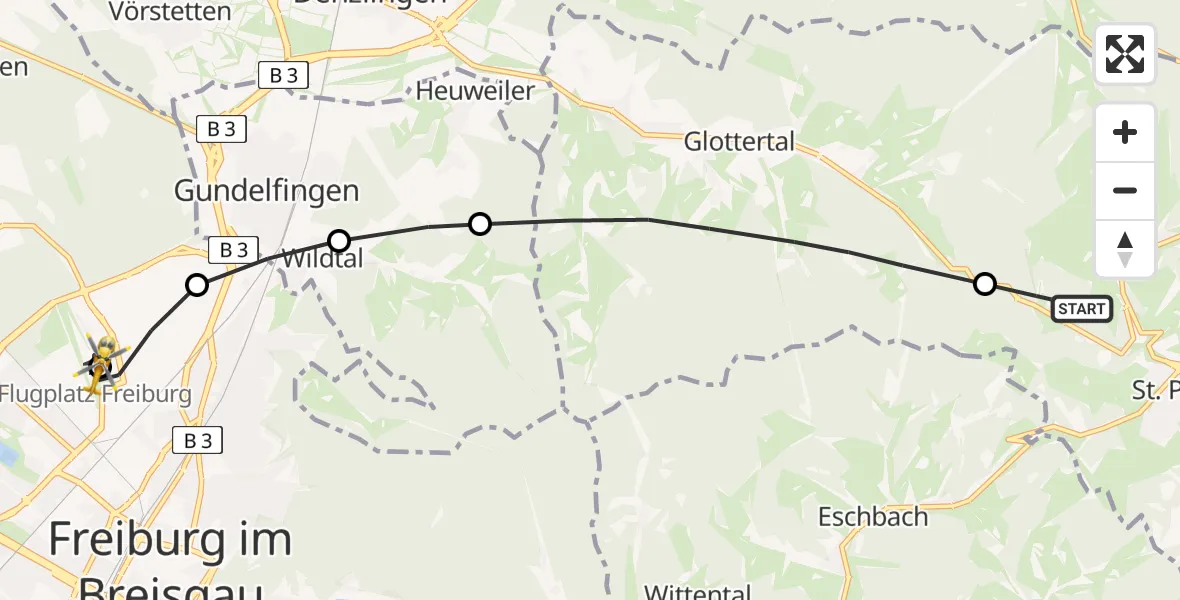 Flugroute Rettungshubschrauber St. Peter - Freiburg im Breisgau Flugplatz, 06 Juli 2026, 19:13