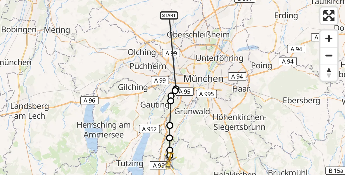 Flugroute Rettungshubschrauber Röhrmoos - Wolfratshausen, 06 Juli 2026, 19:14