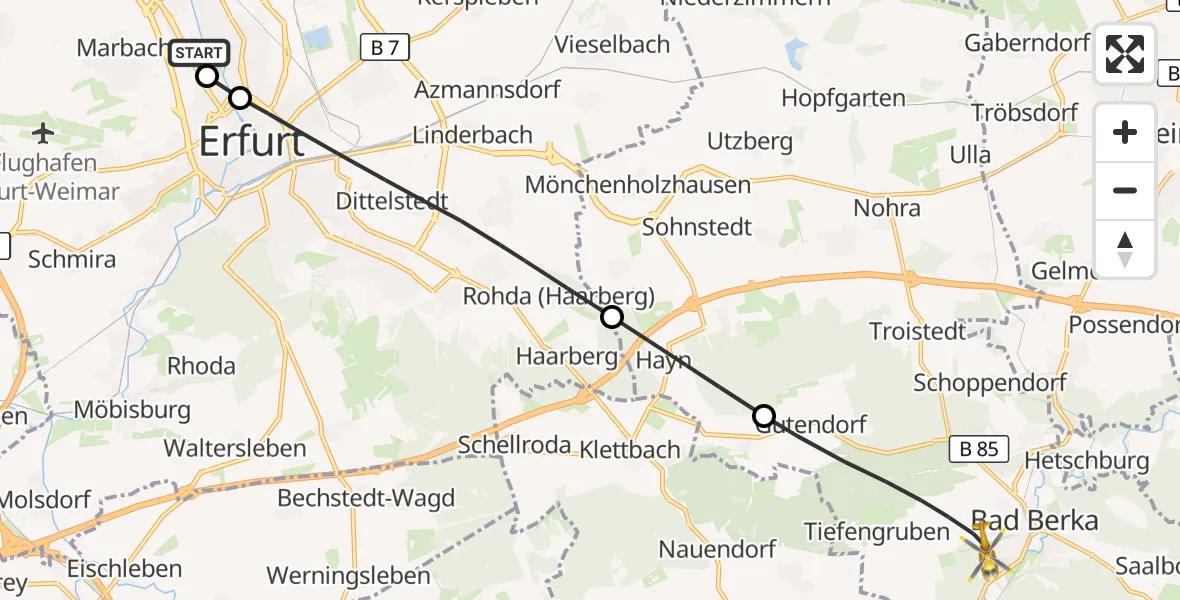 Flugroute Ambulanzhubschrauber Helios Clinic Erfurt - Bad Berka Zentralklinik Hubschrauberlandeplatz, 06 Juli 2026, 19:14