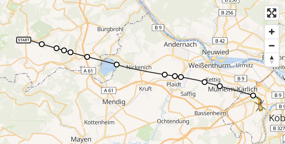 Flugroute Rettungshubschrauber Spessart - Koblenz, 06 Juli 2026, 19:22