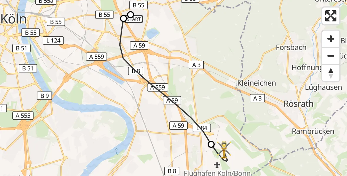 Flugroute Ambulanzhubschrauber Merheim Hospital - Köln Bonn Flughafen, 06 Juli 2026, 19:41