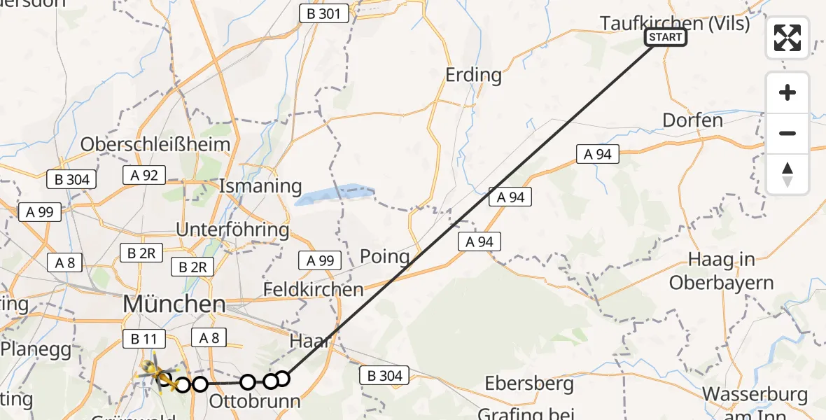 Flugroute Rettungshubschrauber Taufkirchen (Vils) - ADAC Air Rescue Center Hubschrauberlandeplatz (Christoph 1), 06 Juli 2026, 19:47