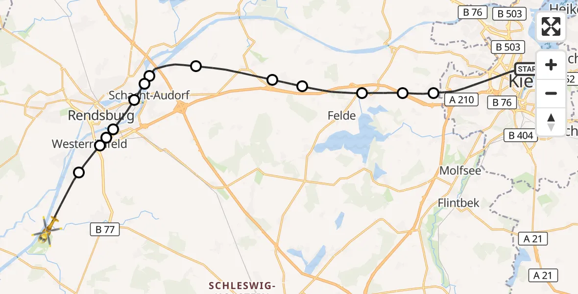 Flugroute Ambulanzhubschrauber Kiel - Hörsten, 06 Juli 2026, 19:53