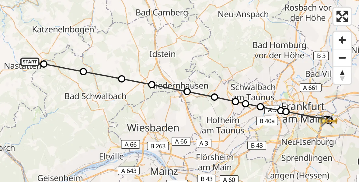 Flugroute Rettungshubschrauber Buch - Sana Hospital Offenbach, 06 Juli 2026, 20:01