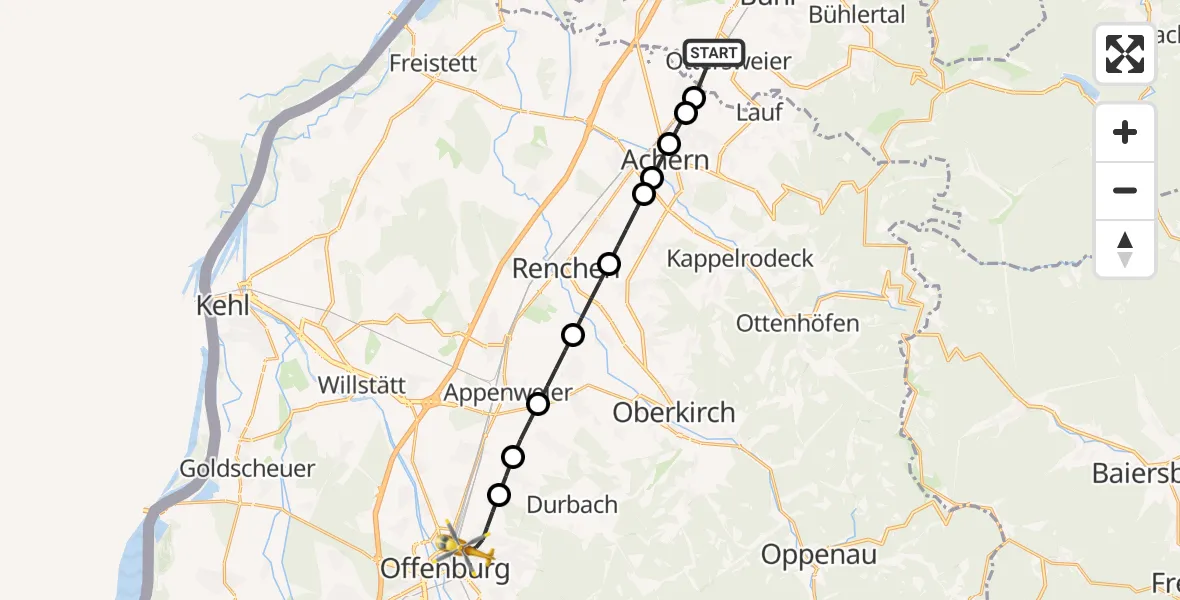 Flugroute Ambulanzhubschrauber Ottersweier - Offenburg, 06 Juli 2026, 20:14