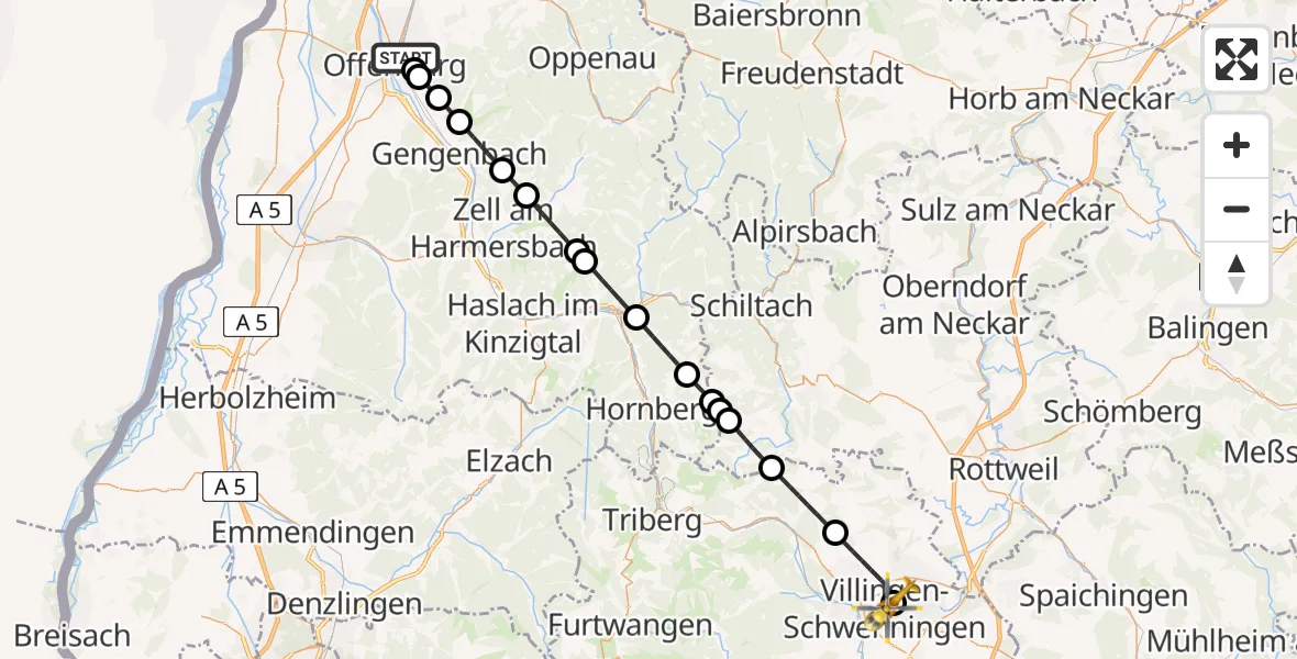 Flugroute Ambulanzhubschrauber Offenburg - DRF Air Rescue Station Villingen-Schwenningen Hubschrauberlandeplatz (Christoph 11), 06 Juli 2026, 20:40