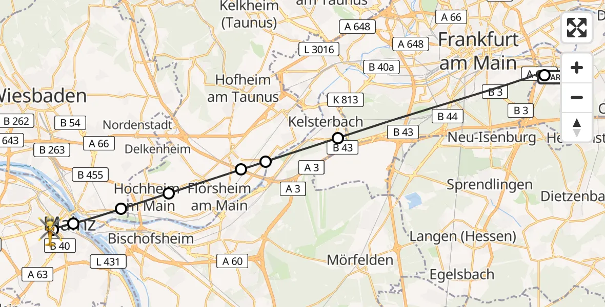 Flugroute Rettungshubschrauber Sana Hospital Offenbach - Mainz University Hospital, 06 Juli 2026, 20:48
