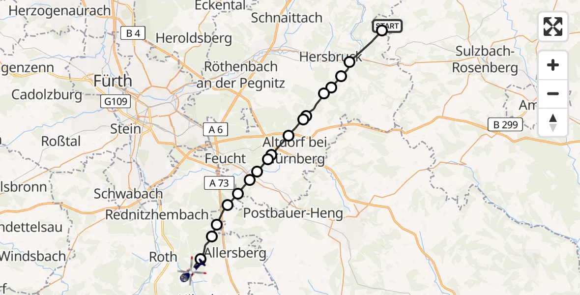 Flugroute Polizeihubschrauber Hirschbach - Roth, 06 Juli 2026, 21:49