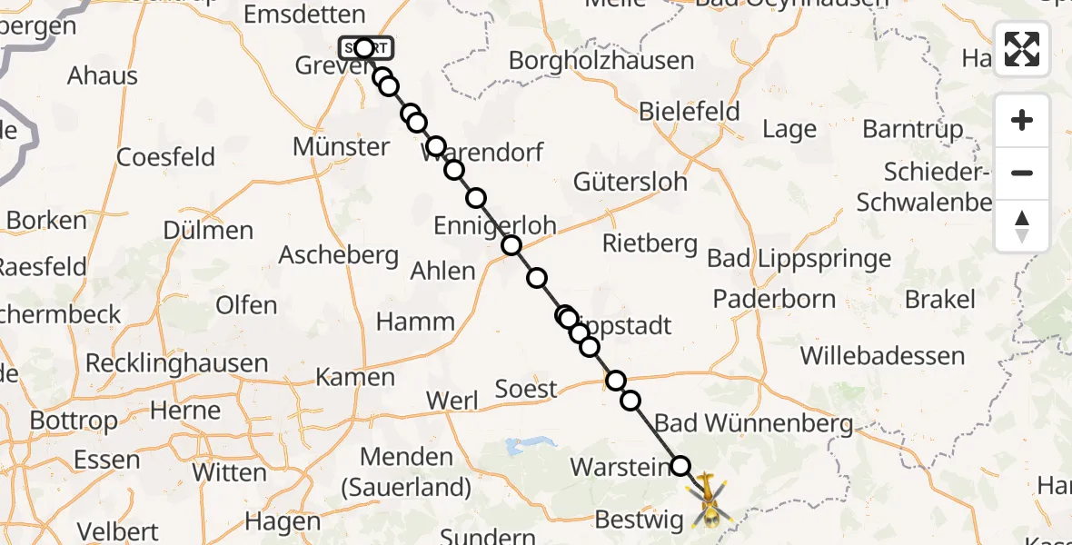 Flugroute Ambulanzhubschrauber Christoph  Westfalen-ADAC - Brilon, 06 Juli 2026, 21:50