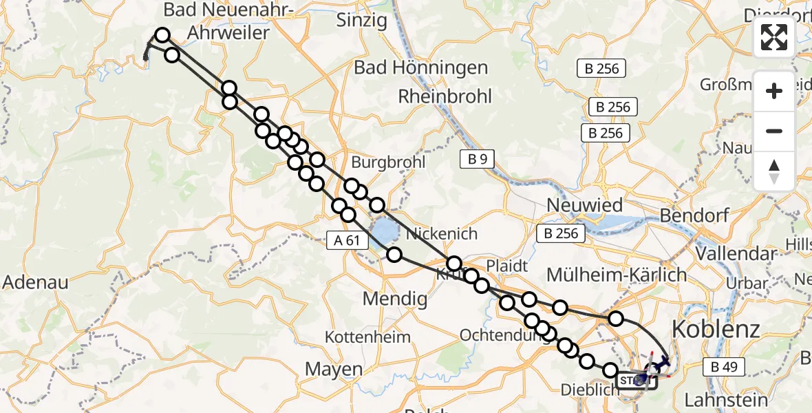 Flugroute Polizeihubschrauber Winningen - Koblenz-Winningen Flugplatz, 06 Juli 2026, 22:39