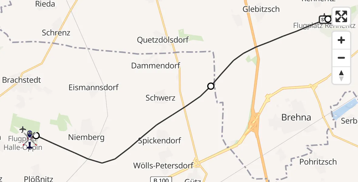 Flugroute Polizeihubschrauber Renneritz Flugplatz - Halle-Oppin Flugplatz, 06 Juli 2026, 22:49