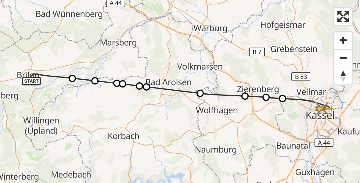 Flugroute Ambulanzhubschrauber Brilon - Kassel, 06 Juli 2026, 22:52