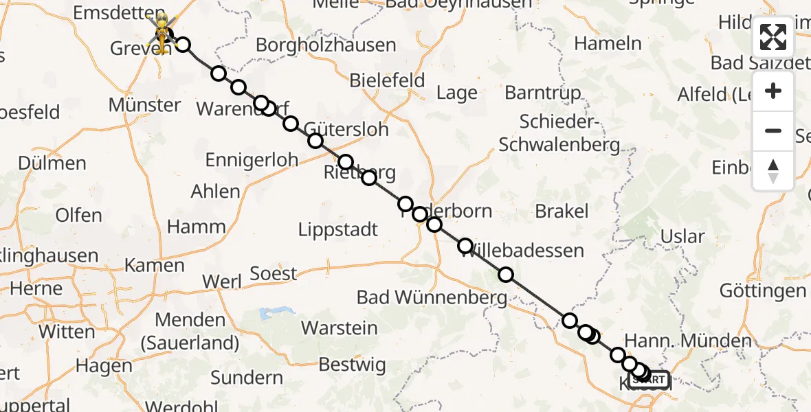 Flugroute Ambulanzhubschrauber Kassel - Christoph  Westfalen-ADAC, 06 Juli 2026, 23:39