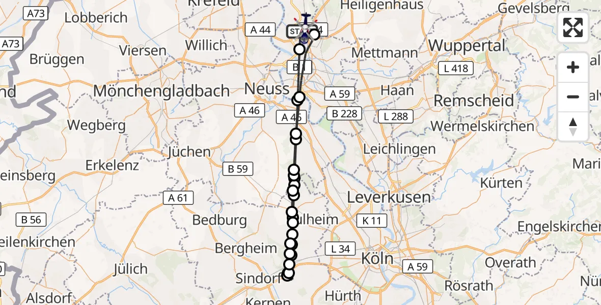 Flugroute Polizeihubschrauber Düsseldorf Flughafen - Düsseldorf Flughafen, 07 Juli 2026, 01:02