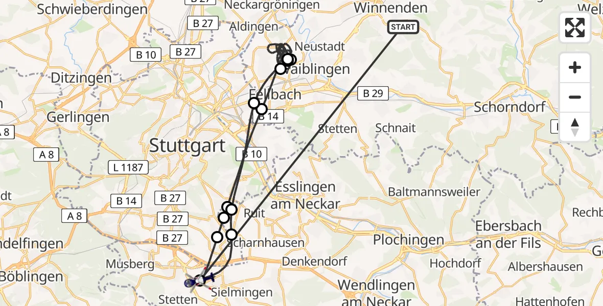 Flugroute Polizeihubschrauber Winnenden - Flughafen Stuttgart, 07 Juli 2026, 01:02