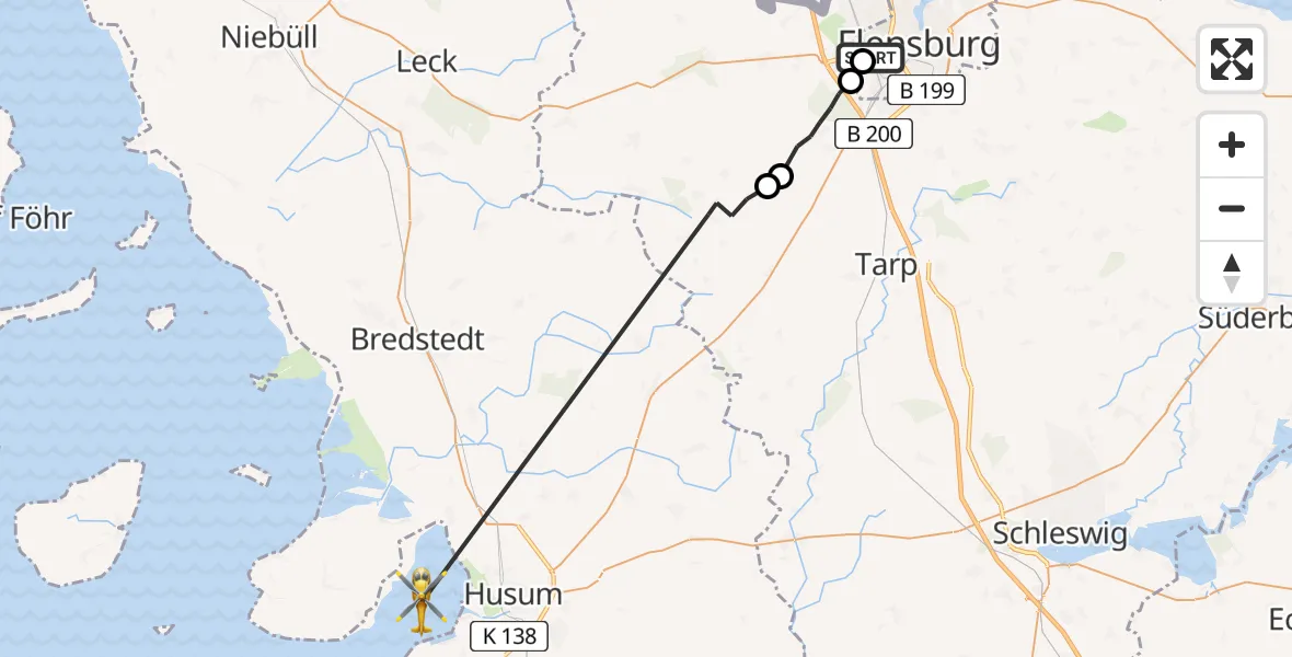 Flugroute Ambulanzhubschrauber Flensburg - Großenwiehe, 07 Juli 2026, 02:52