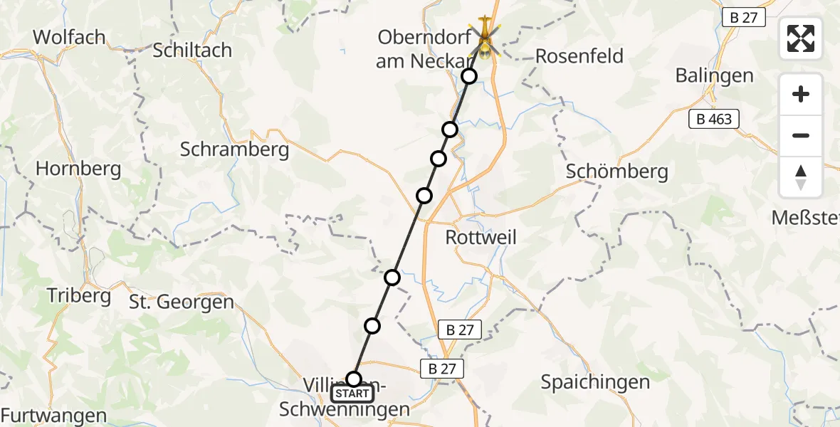 Flugroute Ambulanzhubschrauber DRF Air Rescue Station Villingen-Schwenningen Hubschrauberlandeplatz (Christoph 11) - Oberndorf am Neckar, 07 Juli 2026, 03:47