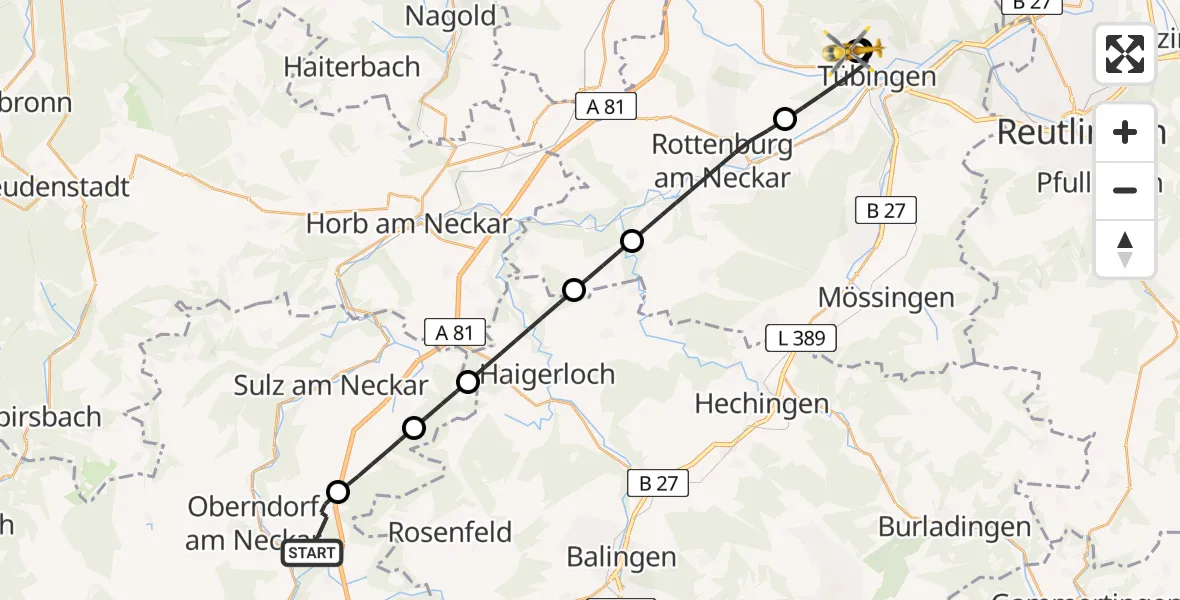 Flugroute Ambulanzhubschrauber Oberndorf am Neckar - Tübingen Trauma Hospital, 07 Juli 2026, 04:24