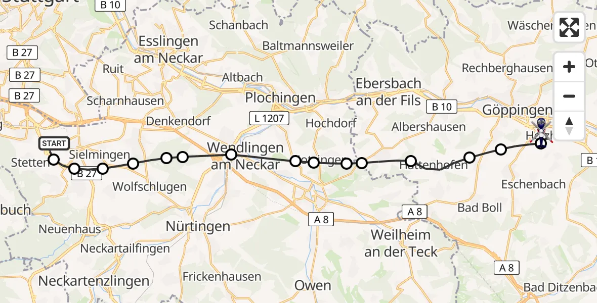 Flugroute Polizeihubschrauber Flughafen Stuttgart - Göppingen, 07 Juli 2026, 05:03