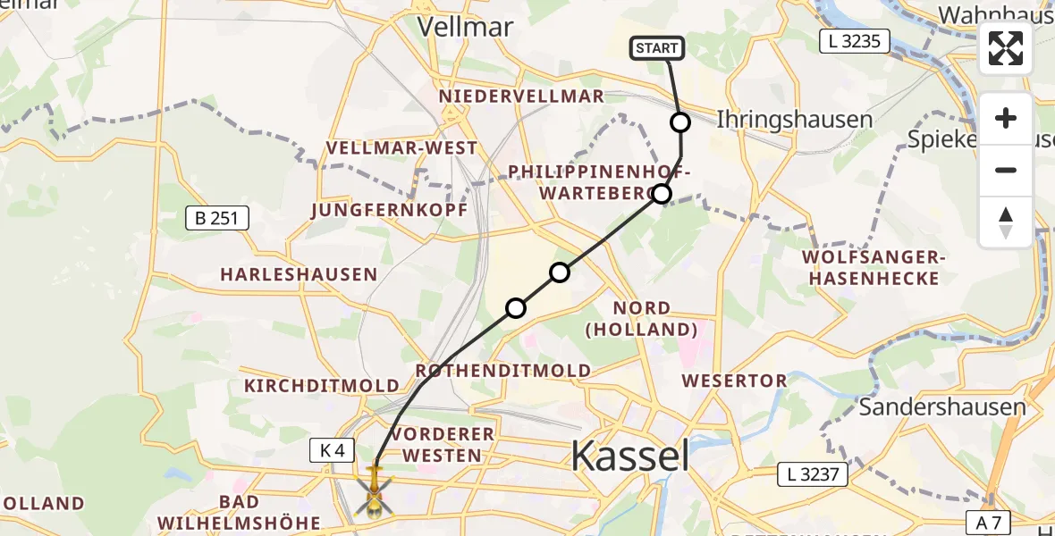 Flugroute Rettungshubschrauber Fuldatal Bundespolizei Hubschrauberlandeplatz - Kassel, 07 Juli 2026, 05:05