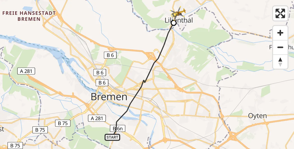 Flugroute Rettungshubschrauber Bremen - Lilienthal, 07 Juli 2026, 05:07