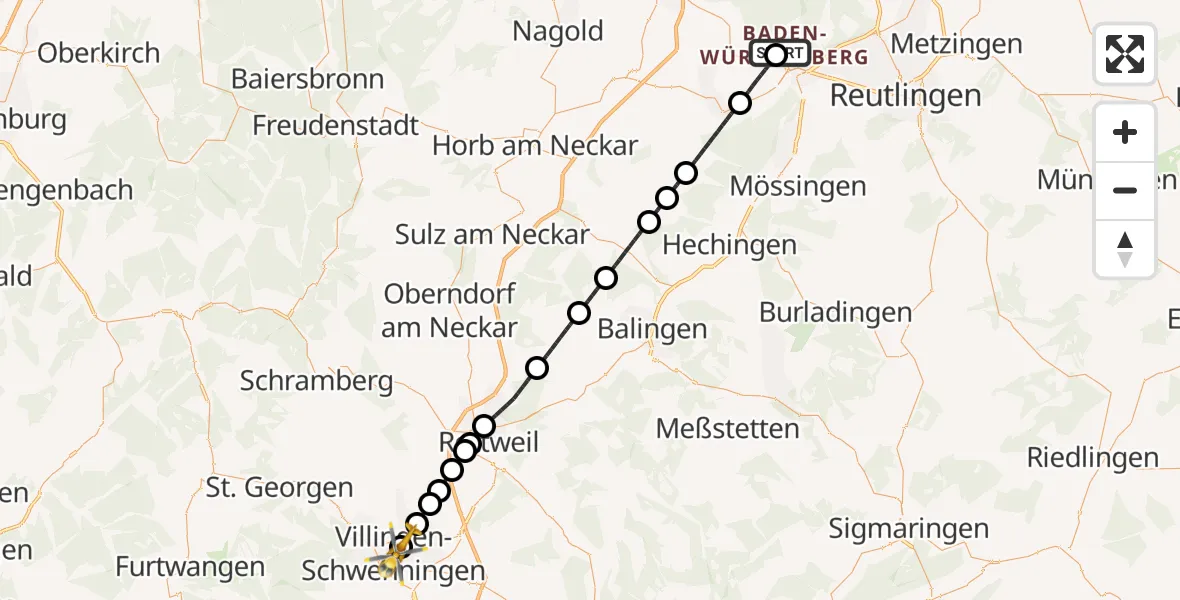 Flugroute Ambulanzhubschrauber Tübingen Trauma Hospital - DRF Air Rescue Station Villingen-Schwenningen Hubschrauberlandeplatz (Christoph 11), 07 Juli 2026, 05:09