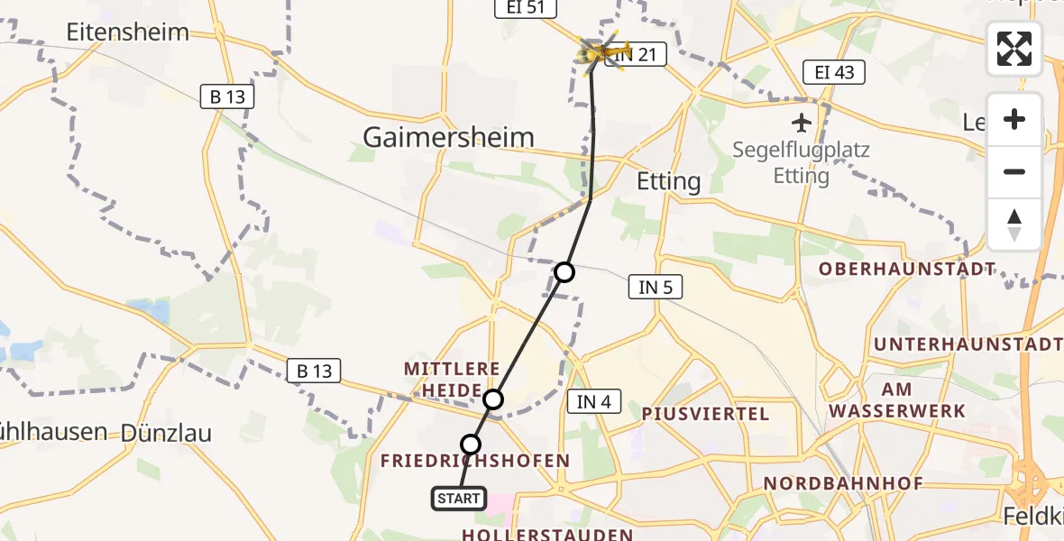 Flugroute Rettungshubschrauber Ingolstadt Hospital - Ingolstadt, 07 Juli 2026, 05:33