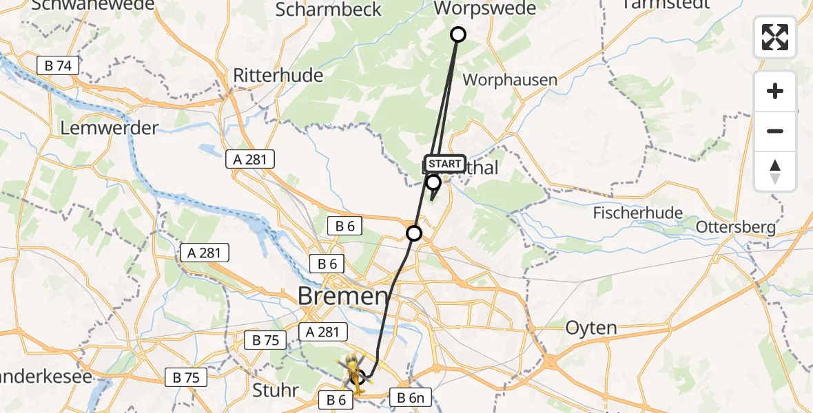 Flugroute Rettungshubschrauber Lilienthal - ADAC Air Rescue Station Bremen Hubschrauberlandeplatz (Christoph 6), 07 Juli 2026, 05:34