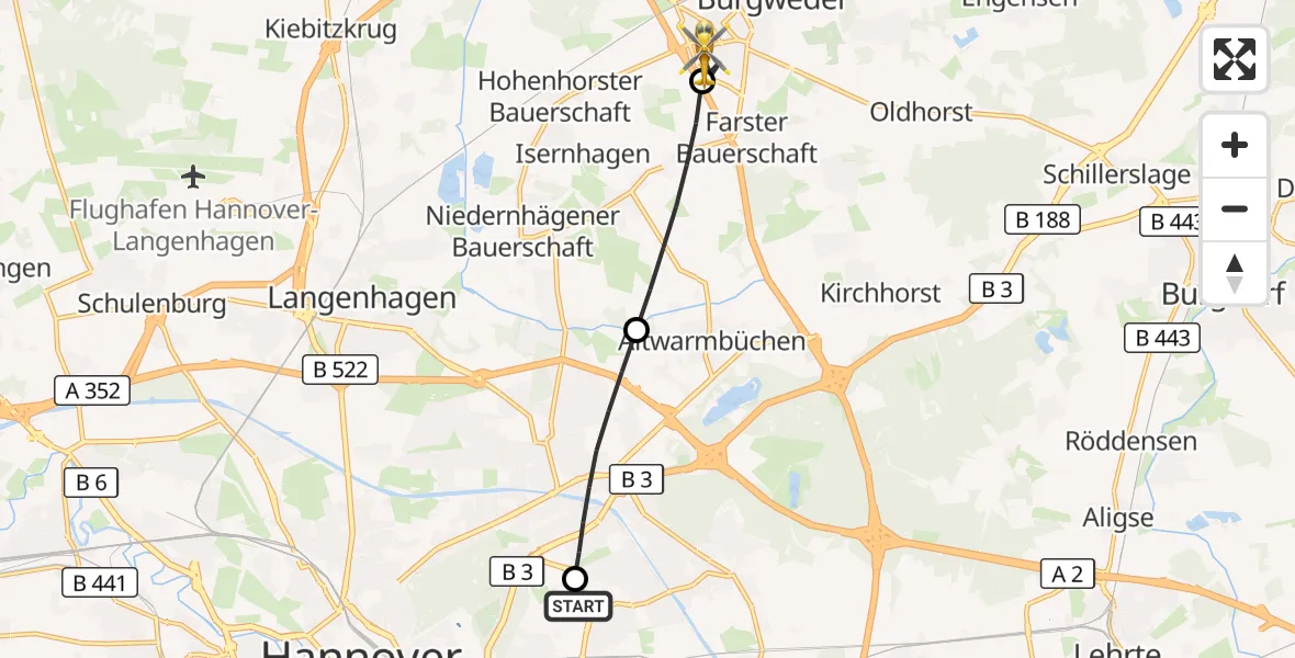 Flugroute Rettungshubschrauber Hannover Luftrettung Hubschrauberlandeplatz (Christoph 4) - Burgwedel, 07 Juli 2026, 05:40
