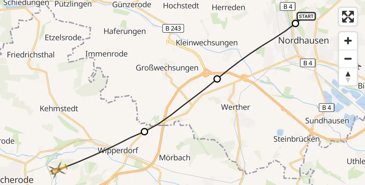 Flugroute Rettungshubschrauber Südharz Hospital Nordhausen - Bleicherode, 07 Juli 2026, 06:04