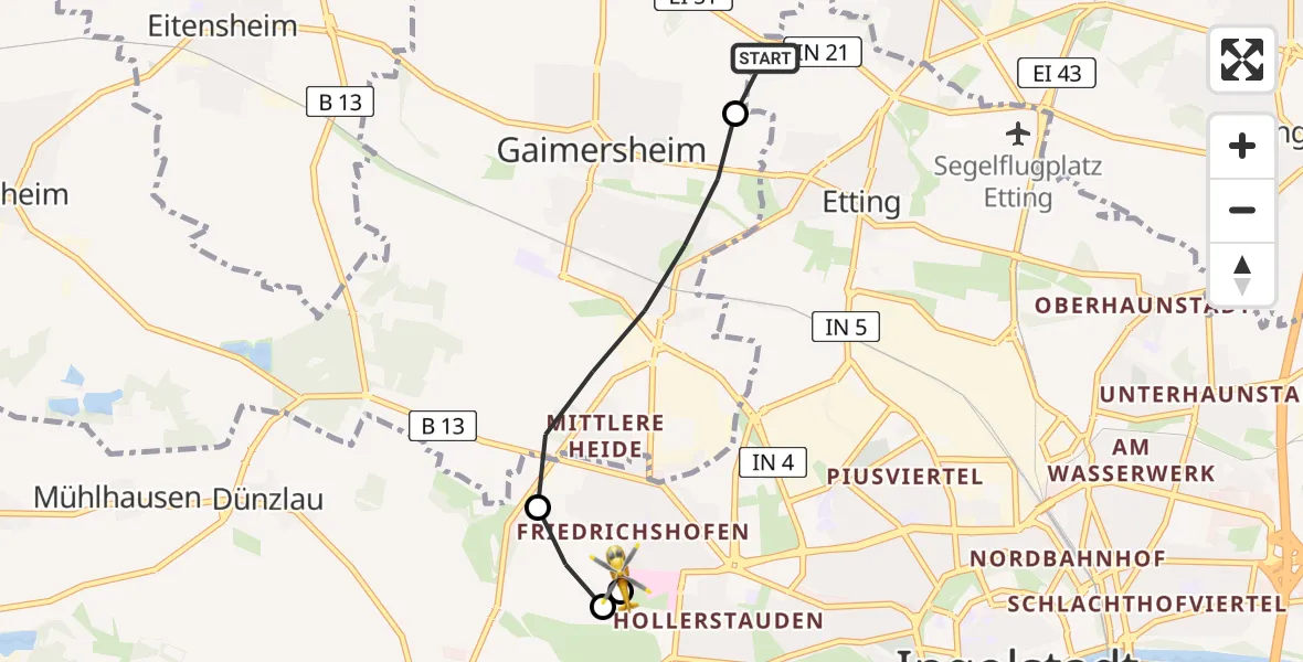 Flugroute Rettungshubschrauber Ingolstadt - Ingolstadt Hospital, 07 Juli 2026, 06:04