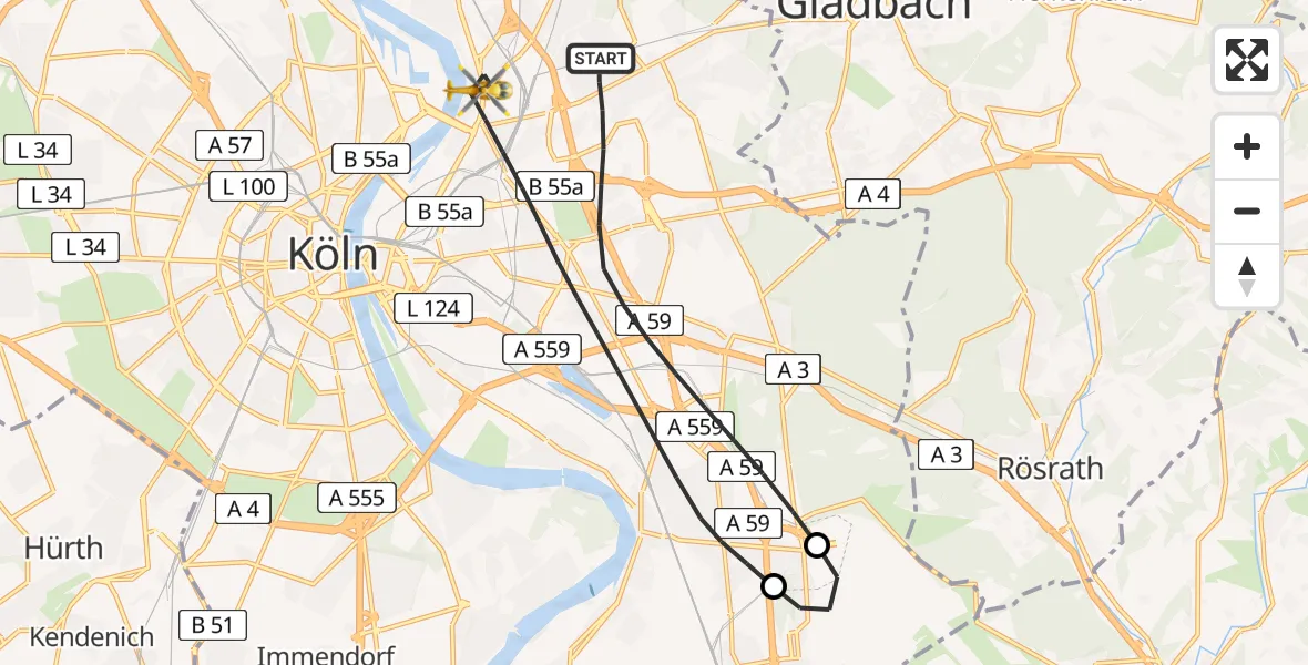 Flugroute Ambulanzhubschrauber Köln - Köln, 07 Juli 2026, 06:12