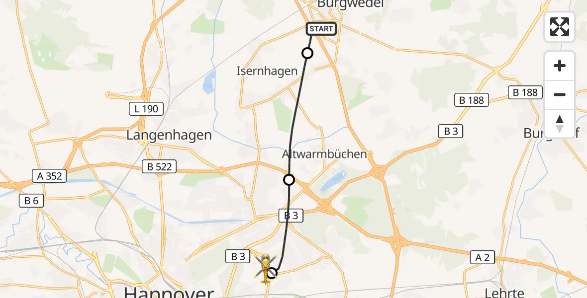 Flugroute Rettungshubschrauber Burgwedel - Hannover Luftrettung Hubschrauberlandeplatz (Christoph 4), 07 Juli 2026, 06:18