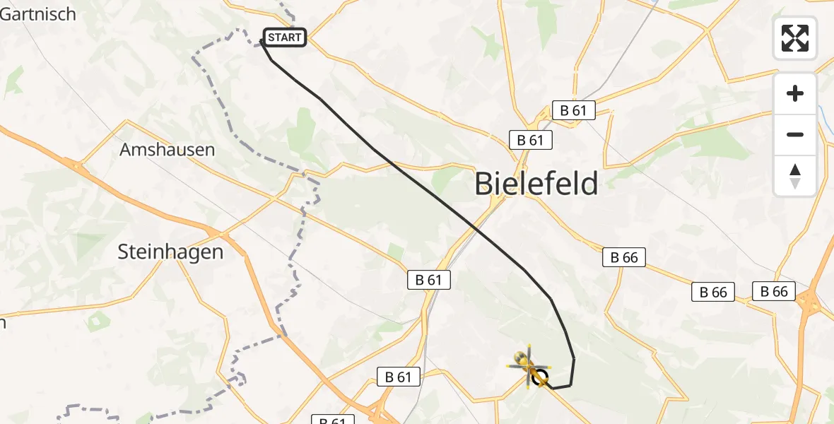 Flugroute Rettungshubschrauber Bielefeld - Luftrettungszentrum Bielefeld, 07 Juli 2026, 06:22
