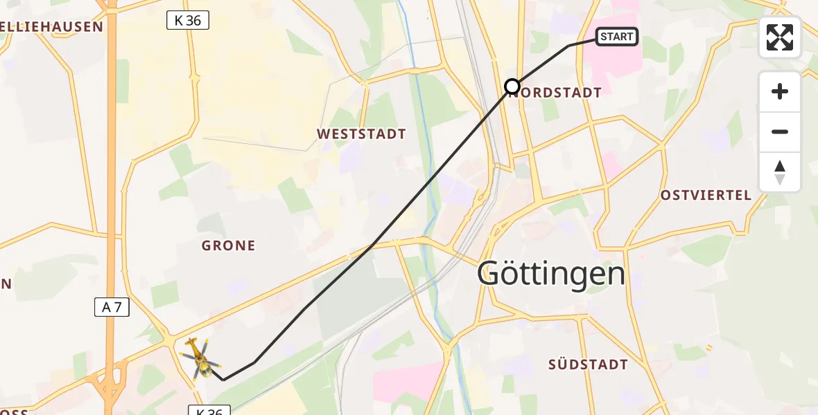 Flugroute Rettungshubschrauber Göttingen University Clinic Hubschrauberlandeplatz - Göttingen, 07 Juli 2026, 06:23