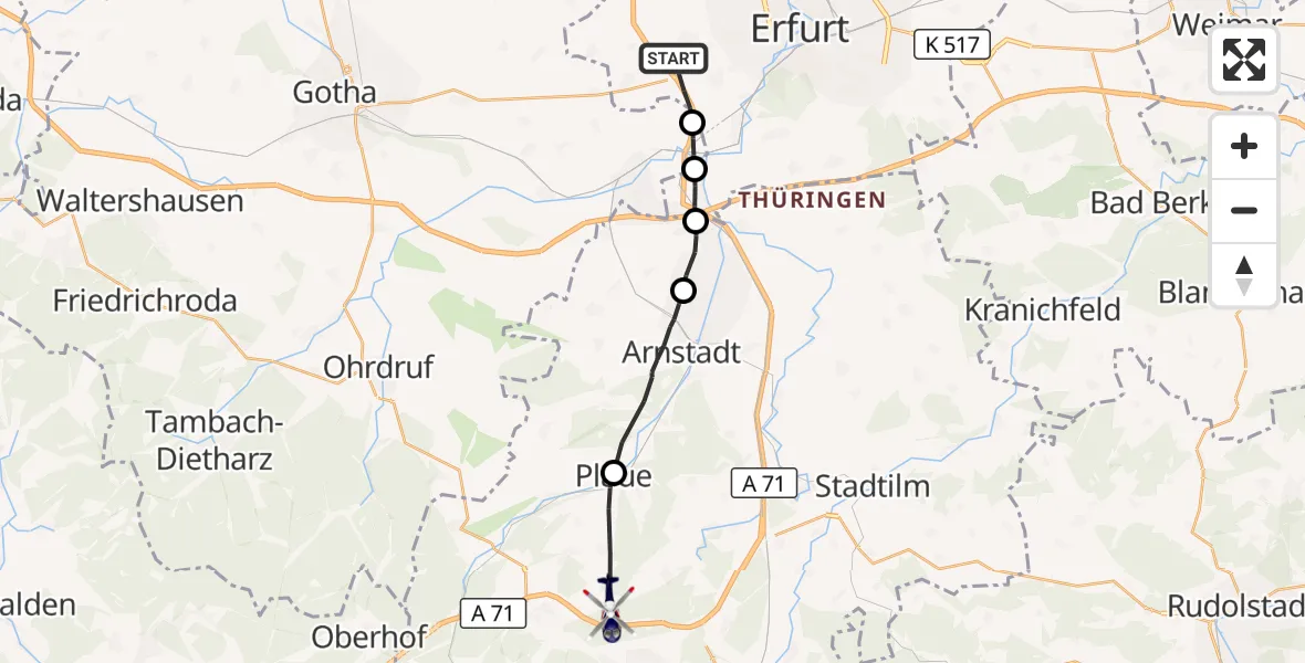 Flugroute Polizeihubschrauber Erfurt - Martinroda, 07 Juli 2026, 06:27