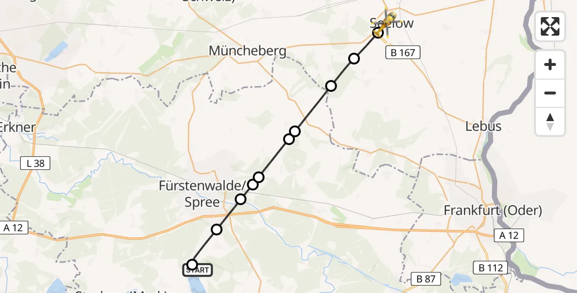 Flugroute Rettungshubschrauber Bad Saarow Hospital - Seelow, 07 Juli 2026, 06:32