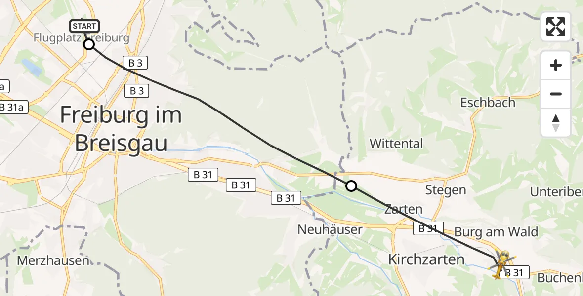 Flugroute Rettungshubschrauber Freiburg im Breisgau Flugplatz - Kirchzarten, 07 Juli 2026, 06:40