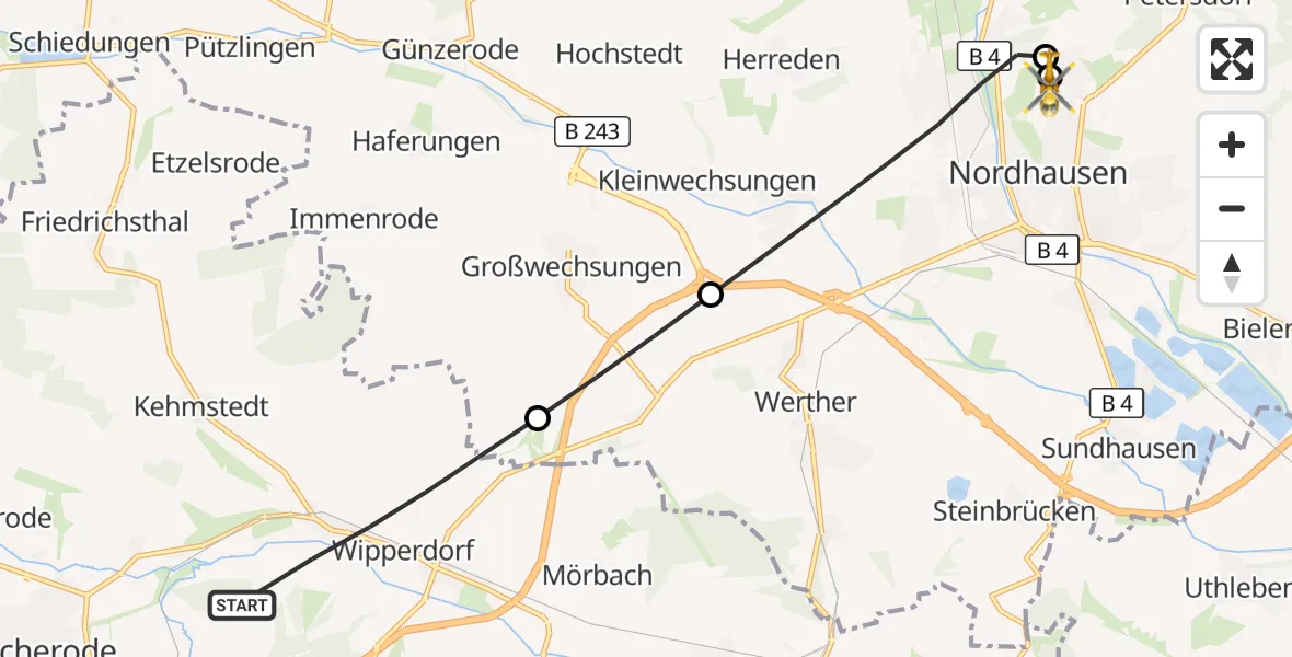 Flugroute Rettungshubschrauber Bleicherode - Südharz Hospital Nordhausen, 07 Juli 2026, 06:40