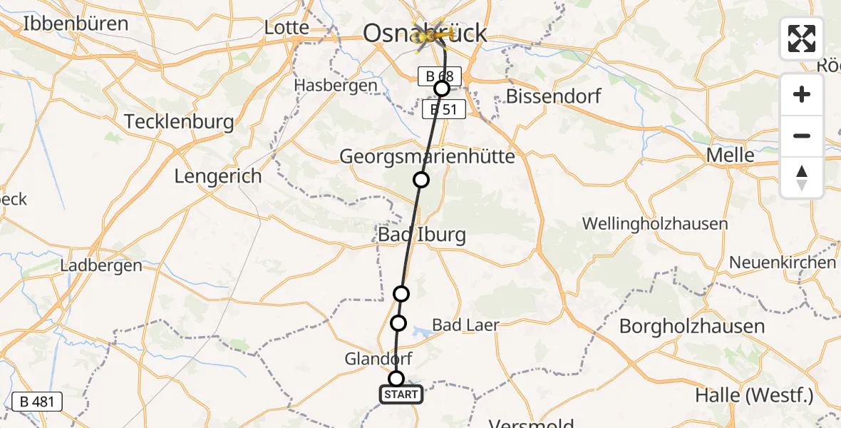 Flugroute Ambulanzhubschrauber Sassenberg - Osnabrück, 07 Juli 2026, 06:48