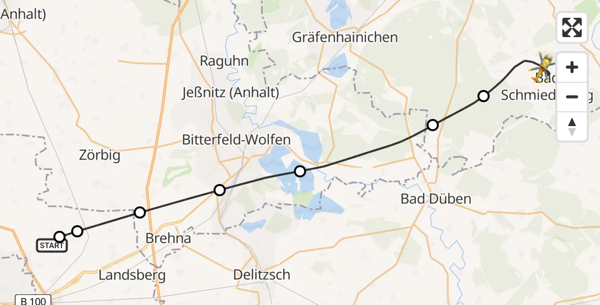 Flugroute Rettungshubschrauber Halle-Oppin Flugplatz - Bad Schmiedeberg, 07 Juli 2026, 06:52