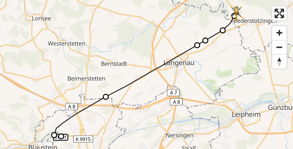 Flugroute Rettungshubschrauber Ulm Military Hospital Emergency - Niederstotzingen, 07 Juli 2026, 06:54