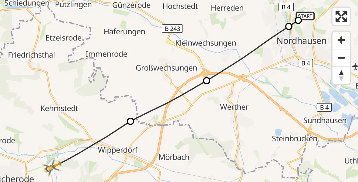 Flugroute Rettungshubschrauber Südharz Hospital Nordhausen - Bleicherode, 07 Juli 2026, 06:55