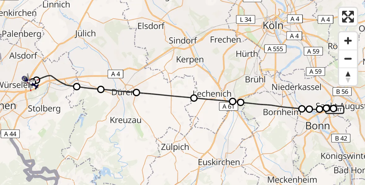 Flugroute Polizeihubschrauber Bonn-Hangelar Flugplatz - Aachen-Merzbrück Flughafen, 07 Juli 2026, 06:58