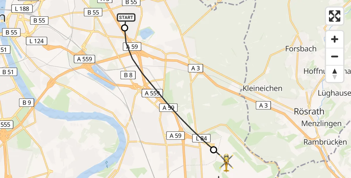 Flugroute Ambulanzhubschrauber Merheim Hospital - Köln Bonn Flughafen, 07 Juli 2026, 07:00